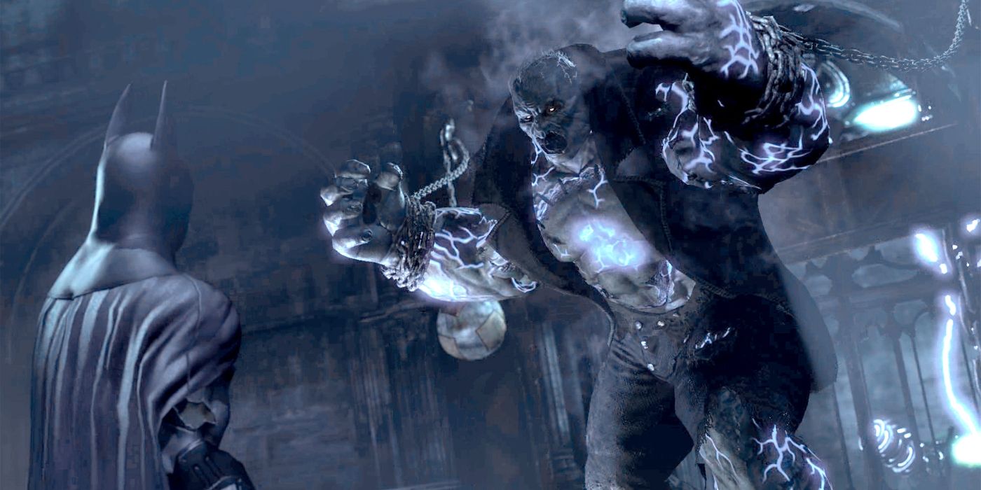 Screenshot of the Solomon Grundy boss fight from Batman: Arkham City. A recently reanimated Grundy is held back by chains as he rages at Batman, who stands unperturbed to the left.