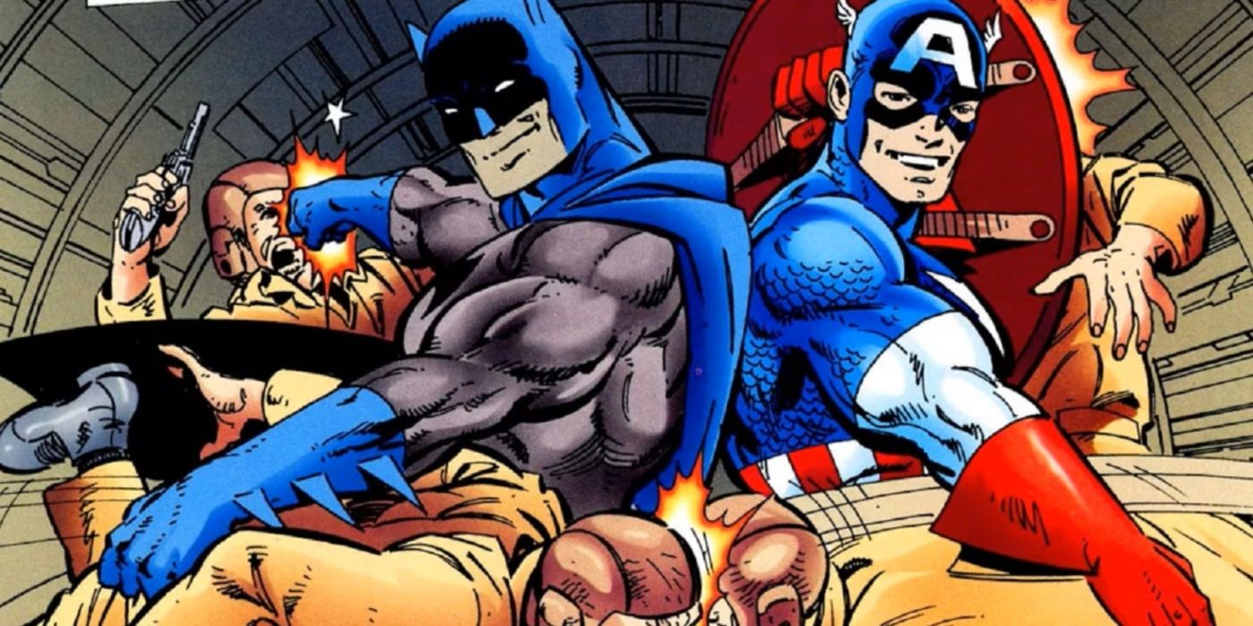 Batman e Capitão América juntos lutando contra os soldados do Caveira Vermelha.