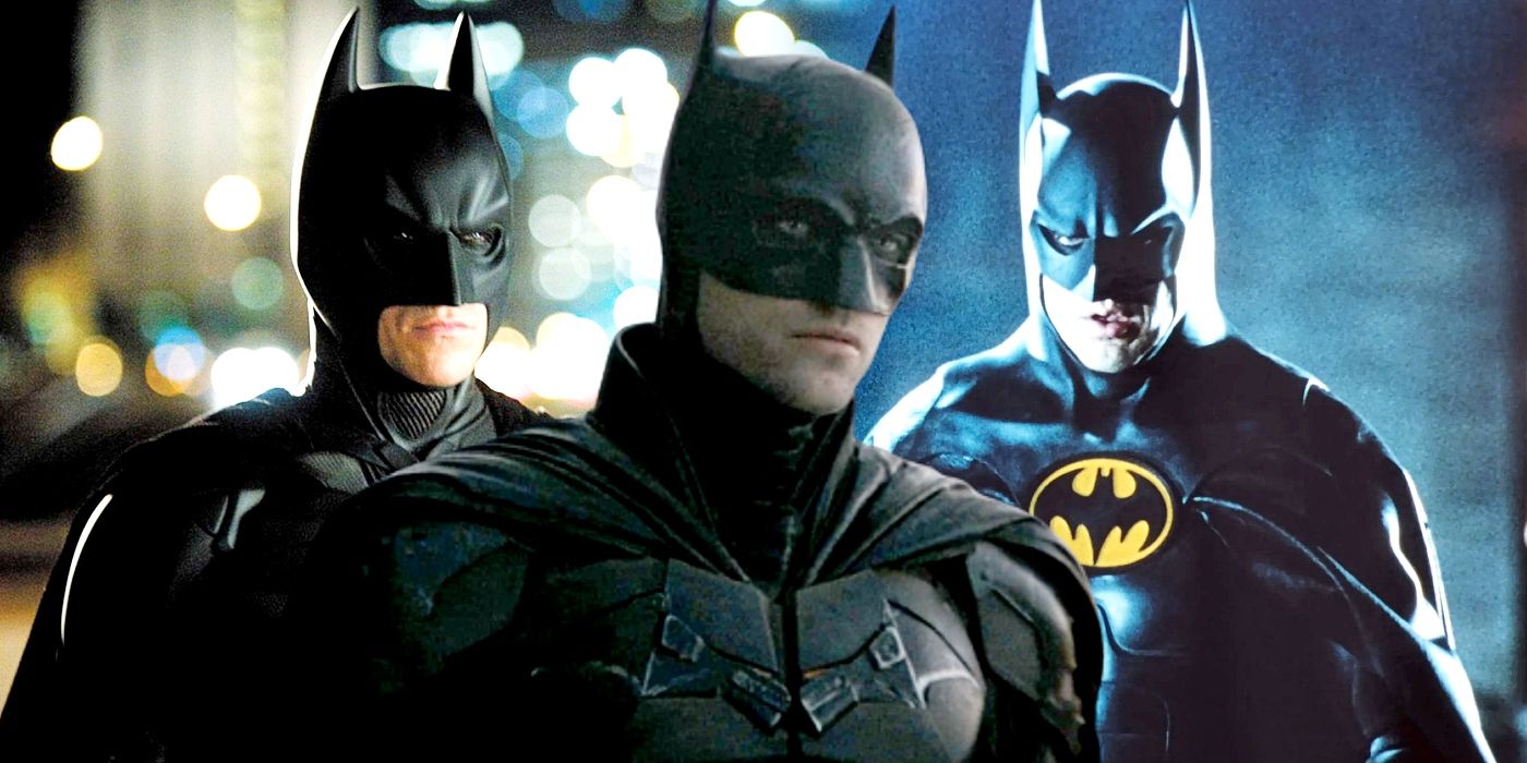 Custom image of Christian Bale, Robert Pattinson, and Michael Keaton as Batman.