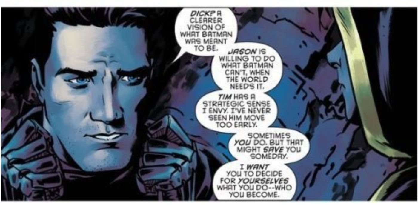 Batman encorajando Damian a ser ele mesmo.