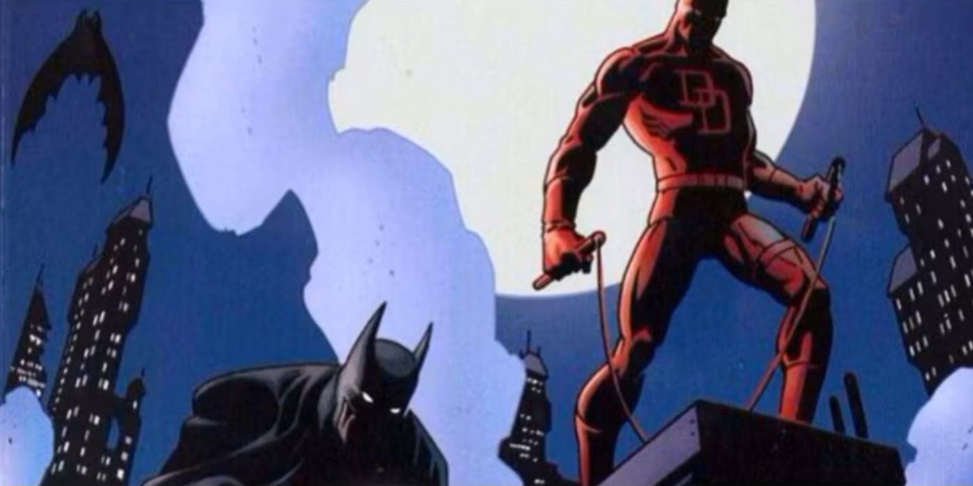 Batman e Demolidor parados nos telhados sob o luar.