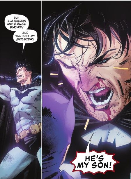 Bruce Wayne fights against the Batman of Zur-En-Arrh's influence, calling Tim Drake's Robin his son rather than simply a soldier in his war on crime