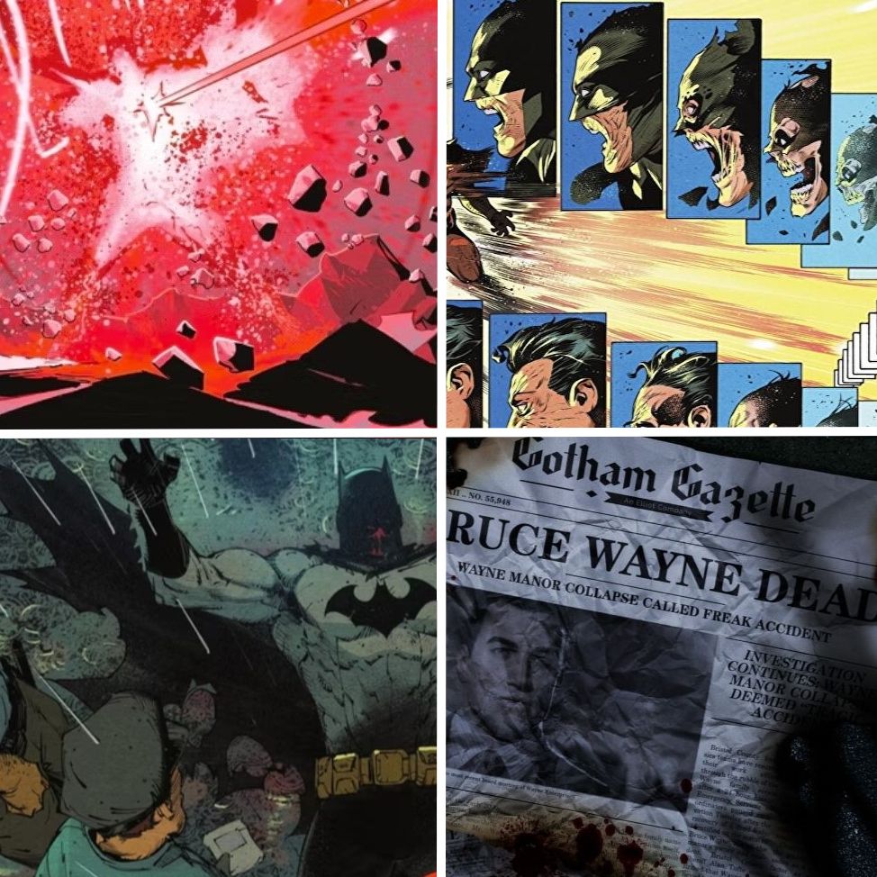 Batman dies several times: He is shot by a laser gun in the snow (Batman #130, top left), progressively turned into a skeleton (Justice League #75, top right), laying dead on a rainy sidewalk (The New Golden Age #1, bottom left), and shown dead on a newspaper front page (Gotham Knights, bottom right)