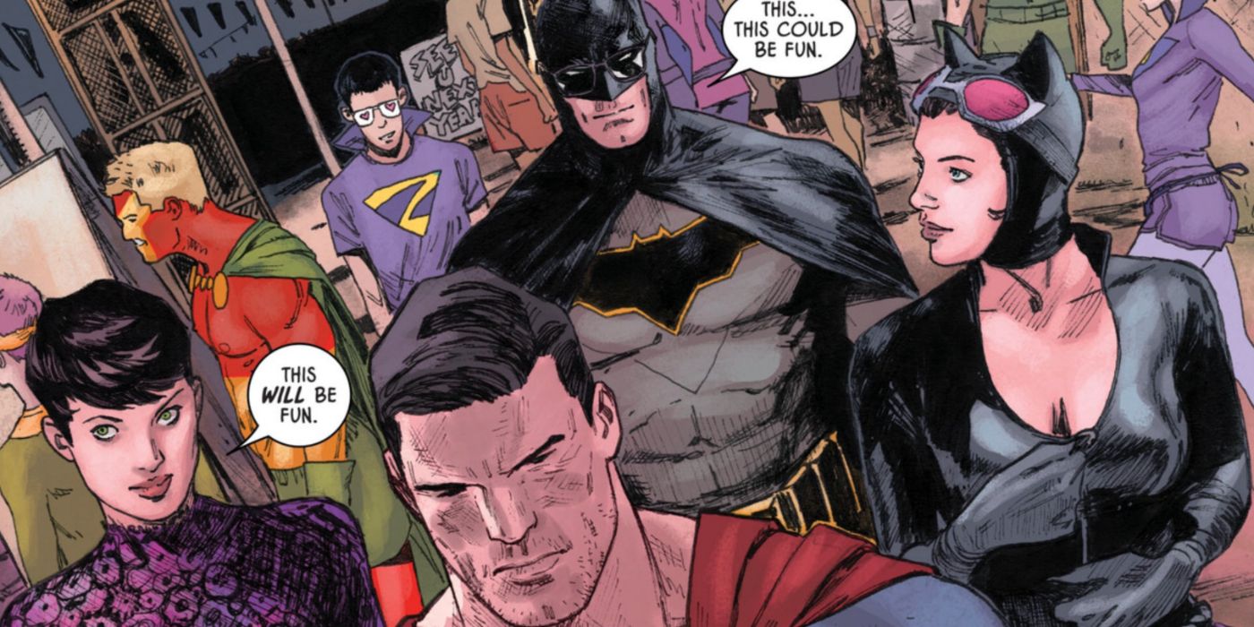 Bruce, Selina, Clark e Lois se fantasiando em Double Date.