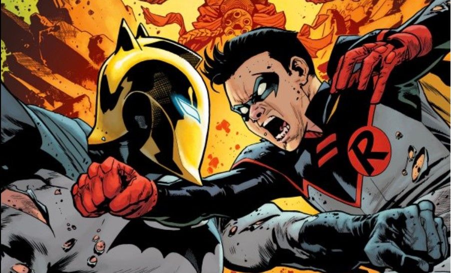 Batman fights Robin while wearing the magical helm of Doctor Fate