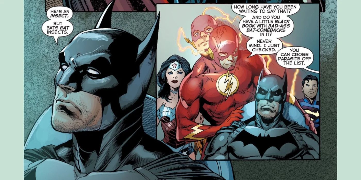The Flash joking with Batman in Justice League's Forever Evil event.