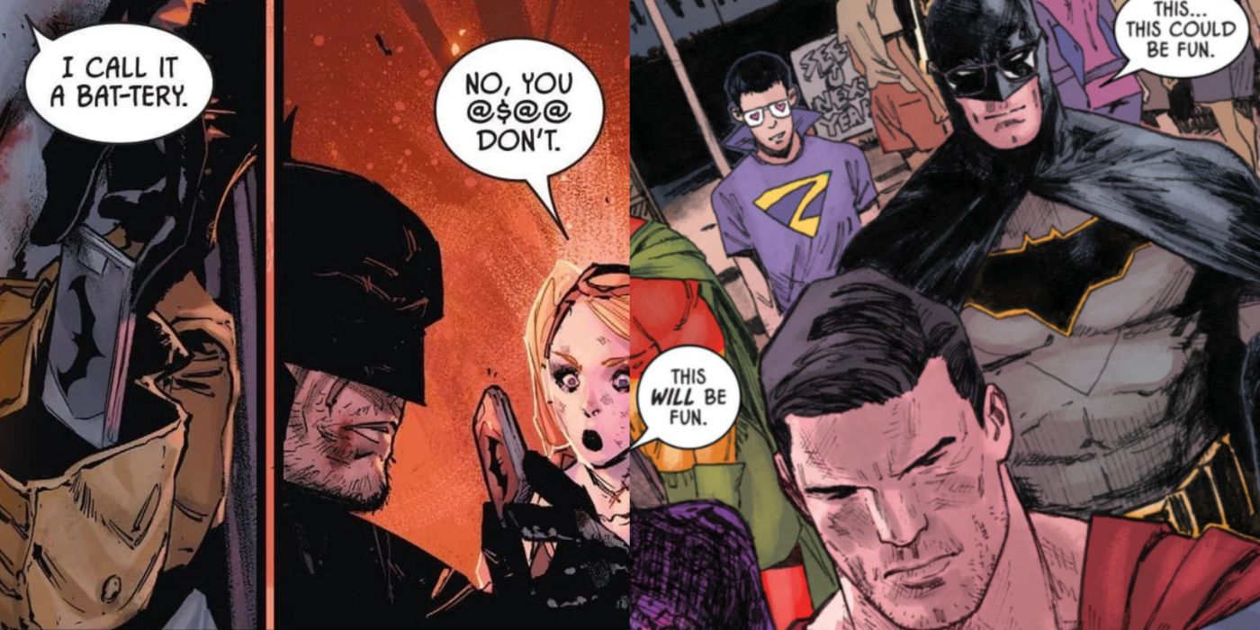 Split image of funny Batman moments in the comics.