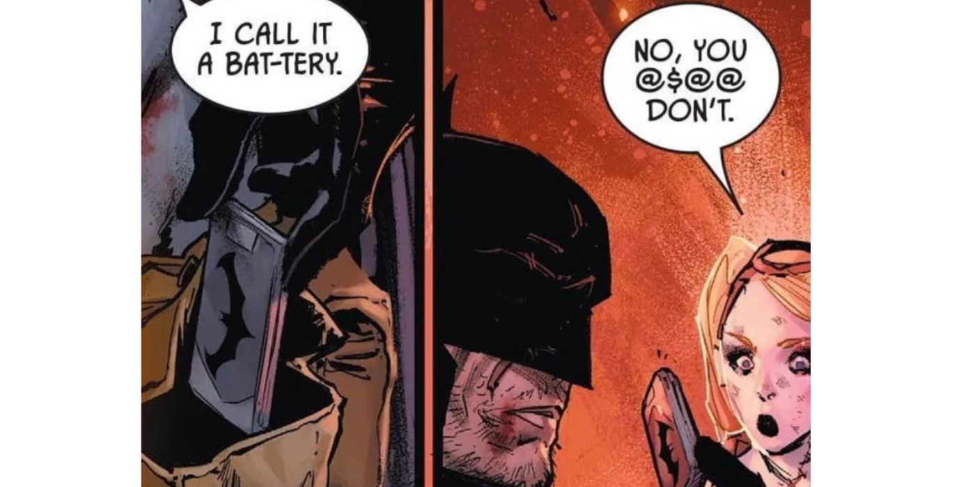 Batman telling the "Bat-tery" pun to Harley Quinn in Joker War.