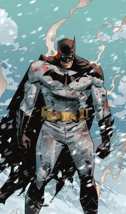 Batman stands in the snow in a burned costume after surviving a fall from space