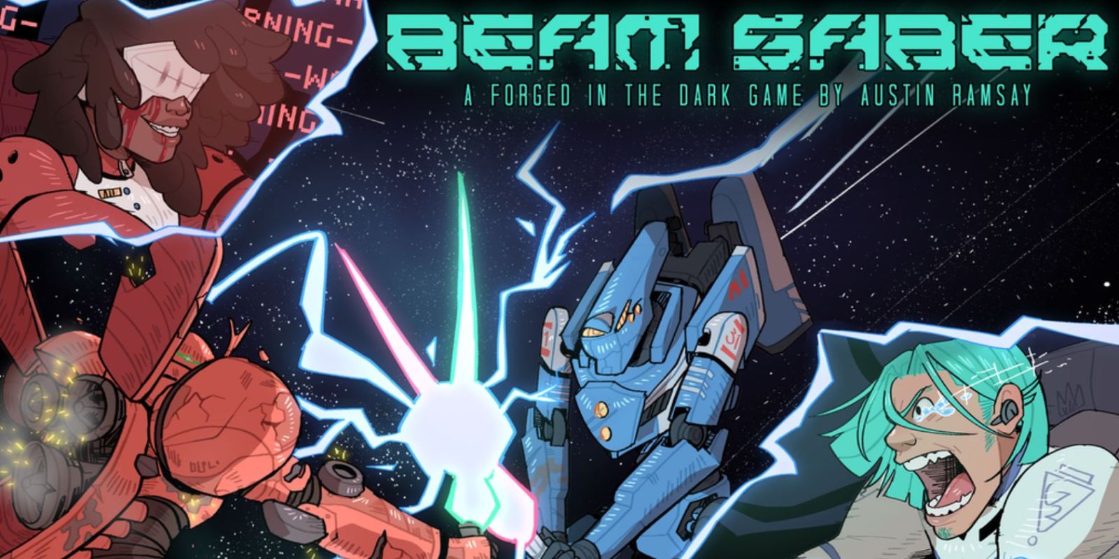 Imagens promocionais mostrando personagens e mechs do RPG Beam Saber de mesa lutando em uma batalha.  O texto abaixo do título do jogo diz: 