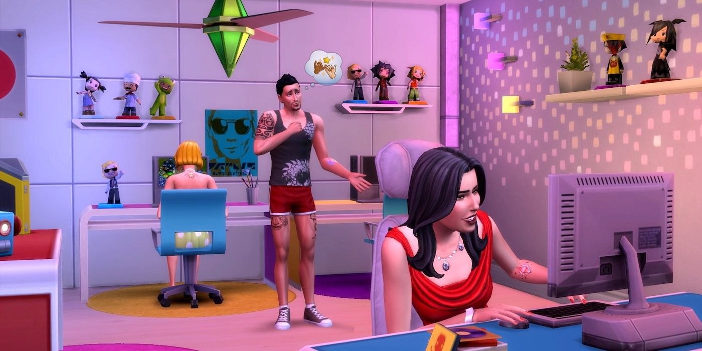 Bella Goth on a computer in The Sims 4 playing a game; Don Lothario and someone else on a computer with their back turned are behind her.