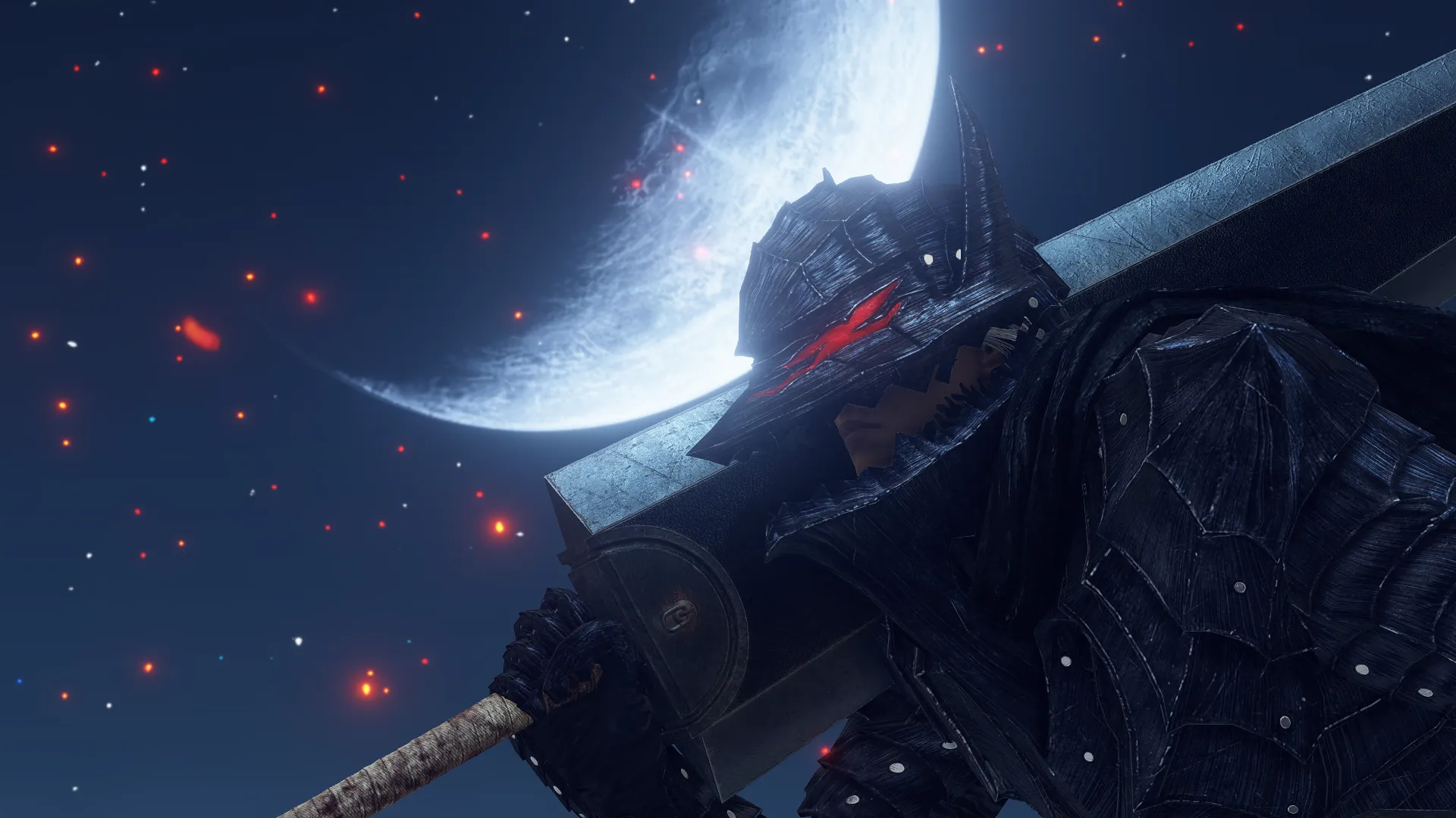 An Elden Ring Mod in action shows Berserk's protagonist Guts in his berserker armor complete with his famous Dragon Slayer sword as the big and bright moon hovers above him.