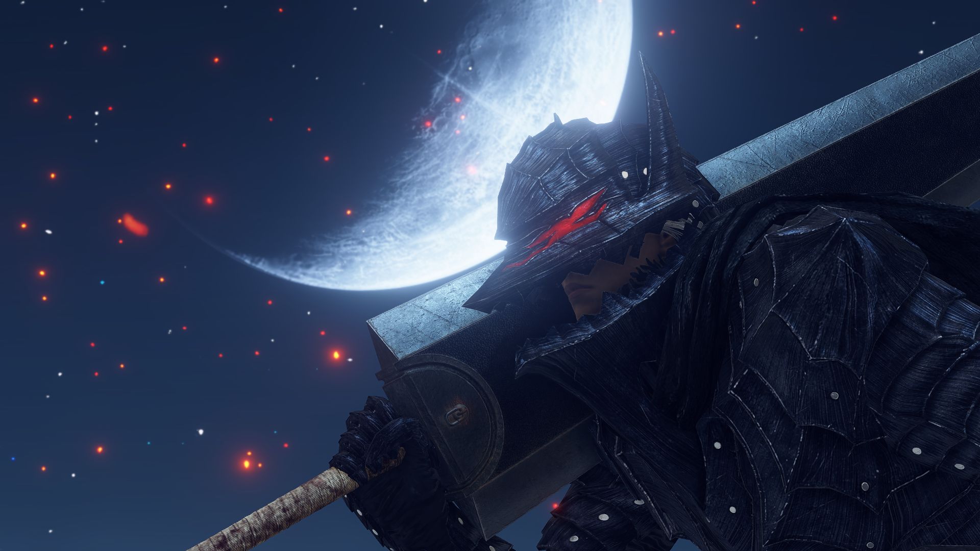 An Elden Ring Mod in action shows Berserk's main character Guts in his berserker armor complete with his famous Dragon Slayer sword while the large and bright moon is suspended above him.