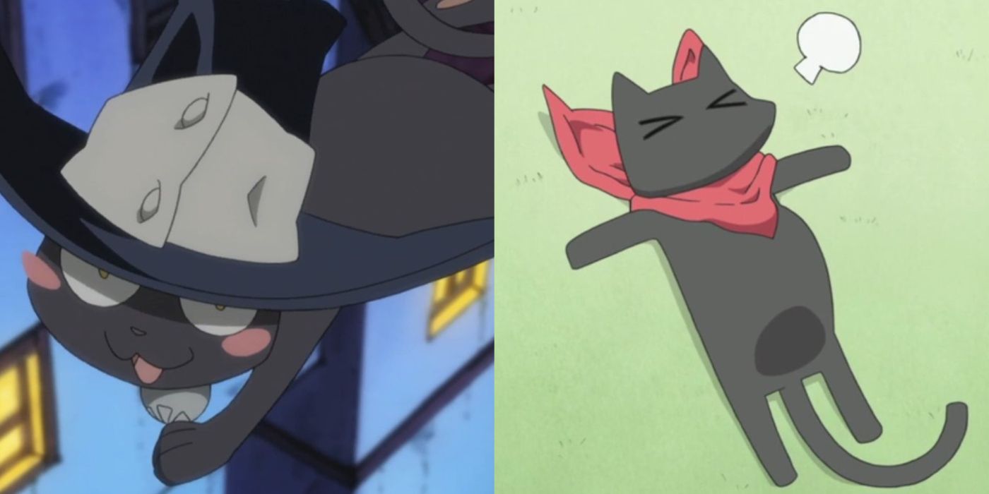 A two image collage. On the left, Blair in cat form jumps into battle with a grin in Soul Eater. On the right, Sakamoto is lying on his back on the floor in Nichijou.