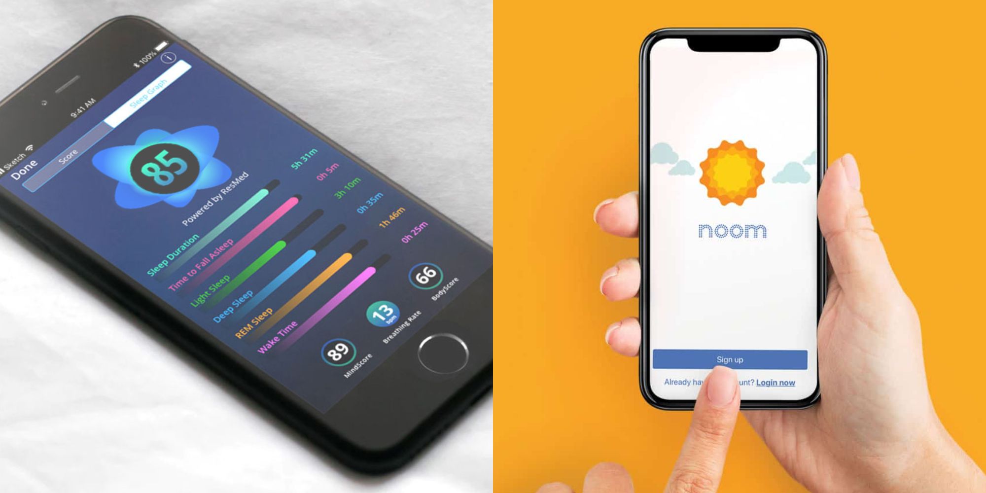 Split image of the SleepScore app and the Noom app.