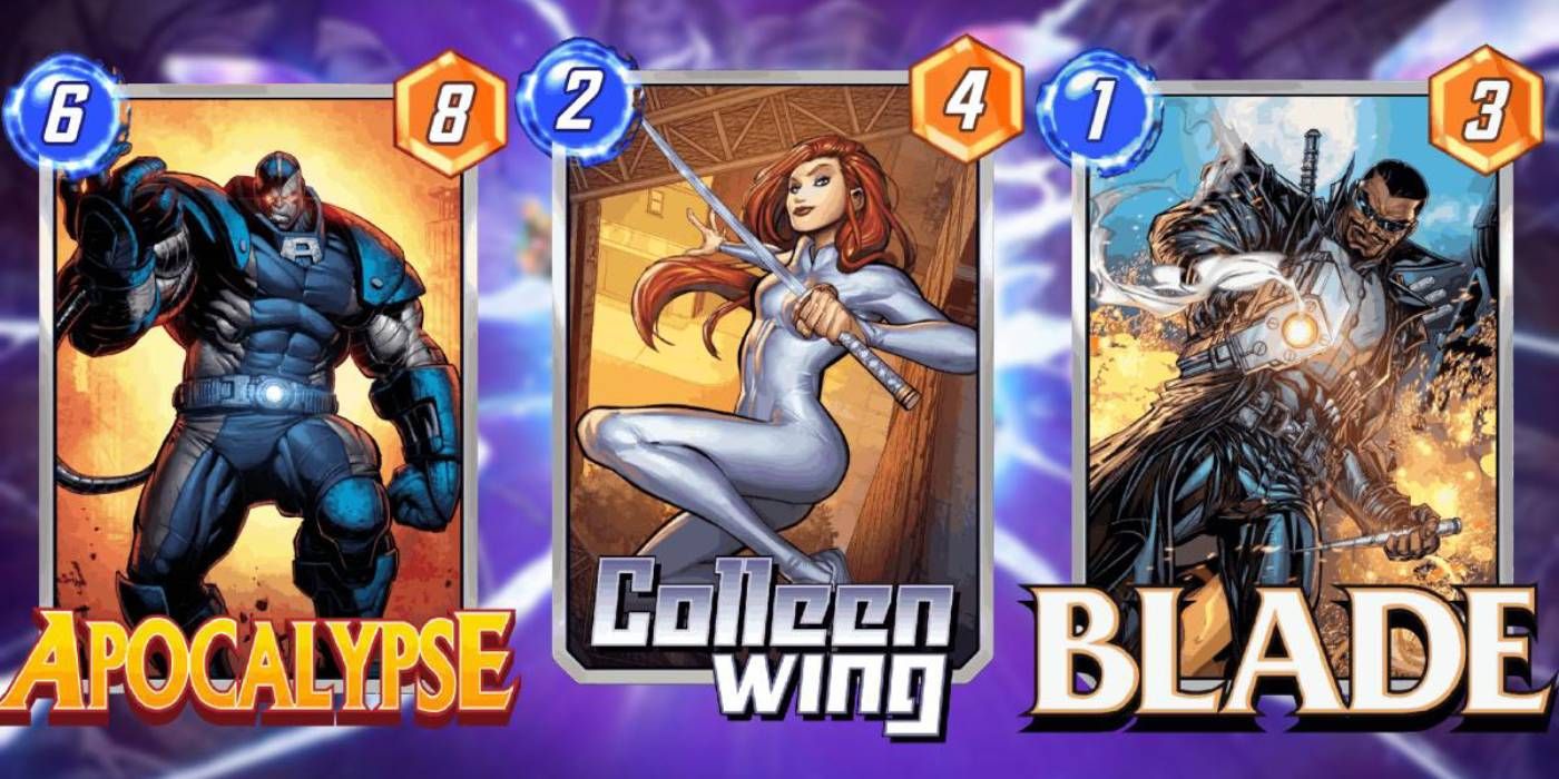 Cartes à jeter Marvel Snap, y compris Apocalypse, Colleen Wing et Blade avec les valeurs d'énergie/puissance affichées