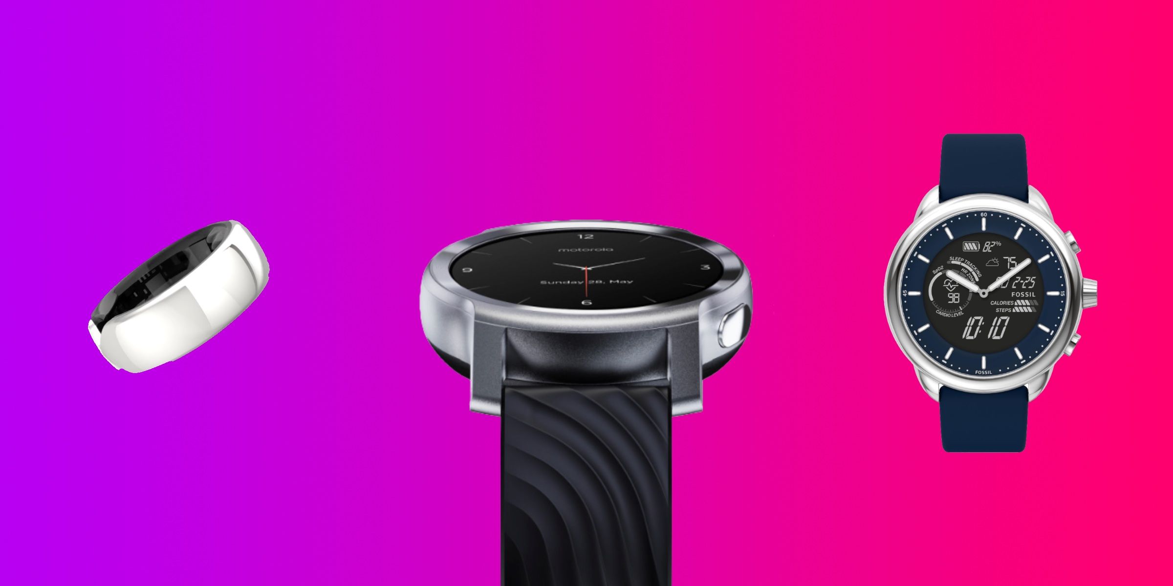 A graphic showing the Evie Smart Ring, the Moto Watch 100, and the Fossil Gen 6 Hybrid Wellness smartwatch.