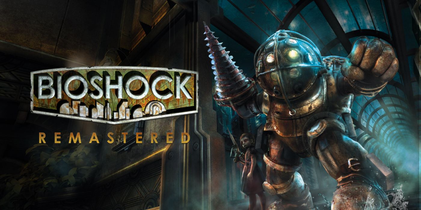 Seni promo BioShock Remastered yang menampilkan Big Daddy dan Little Sister yang mengerikan di sampingnya.