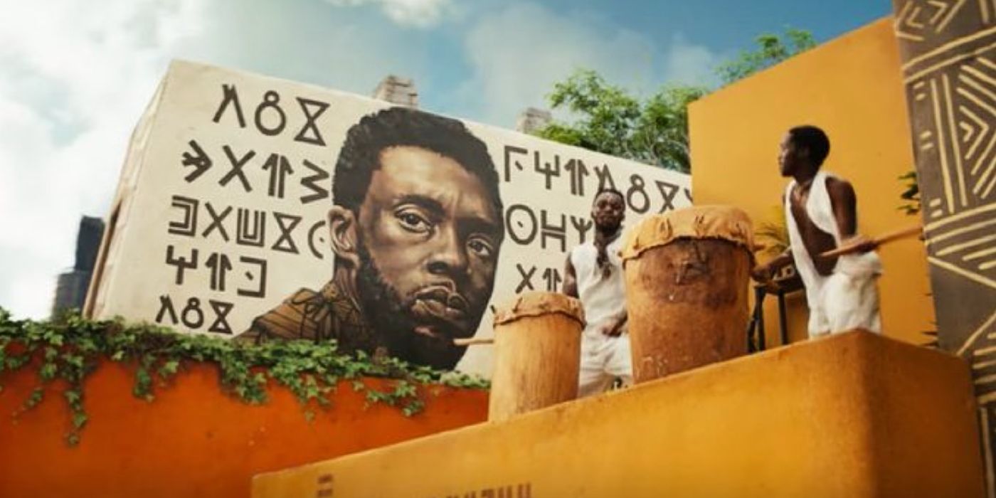 Mural of T&rsquo;Challa in Black Panther: Wakanda Forever.