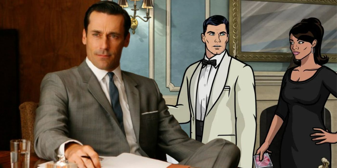 Blended image of a grey-suited Don Draper a desk in Mad Men and Archer talking in Archer