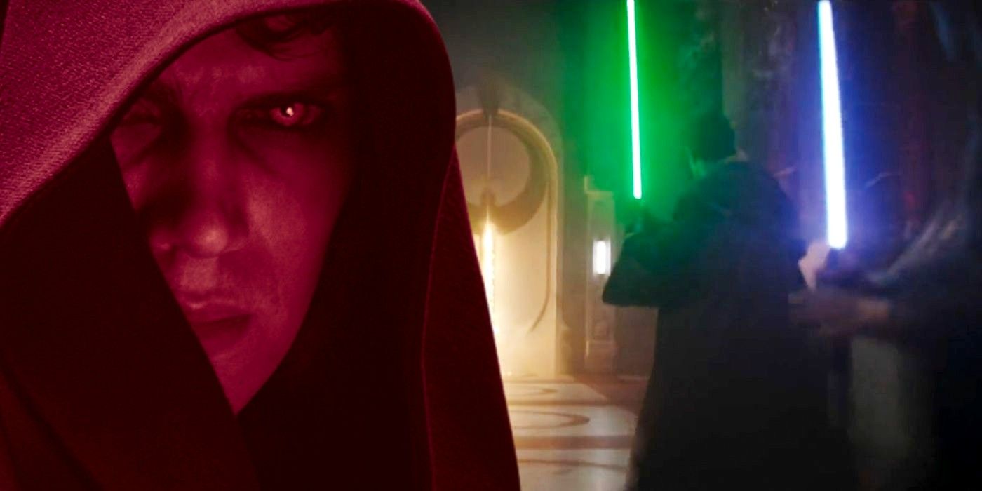 Blended image of a red tinted Darth Vader and Jedi defending the temple in The Mandalorian season 3 flashback