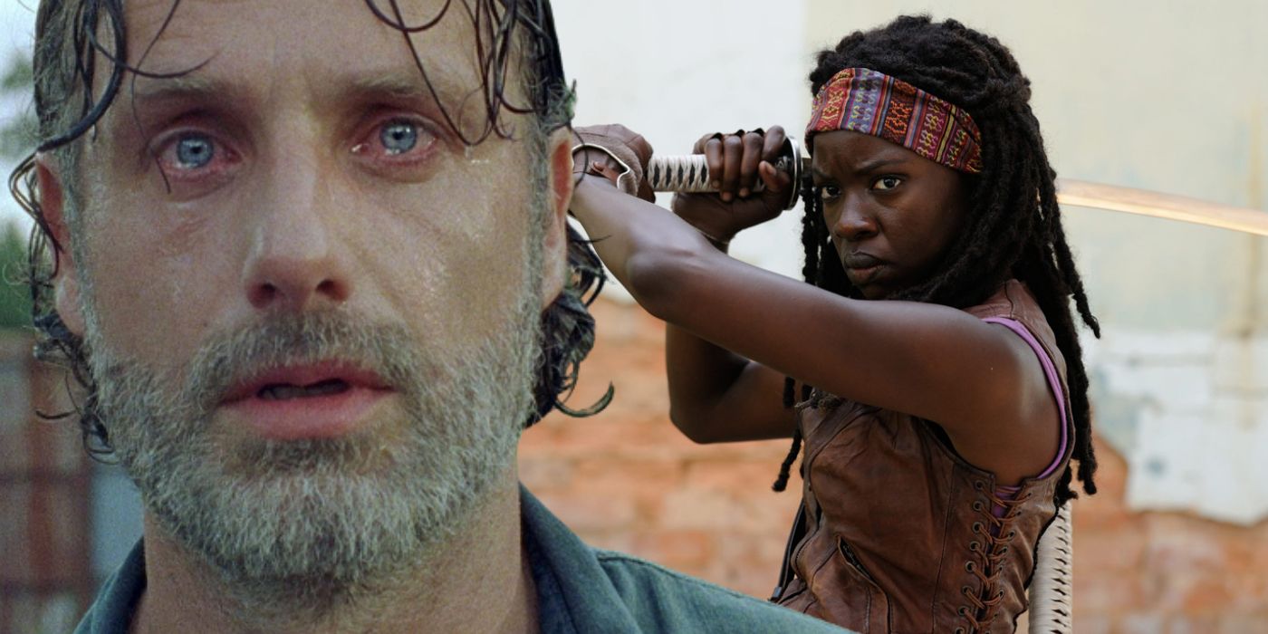 Blended image of a sad and teary Rick and Michonne angry with her katana up in The Walking Dead