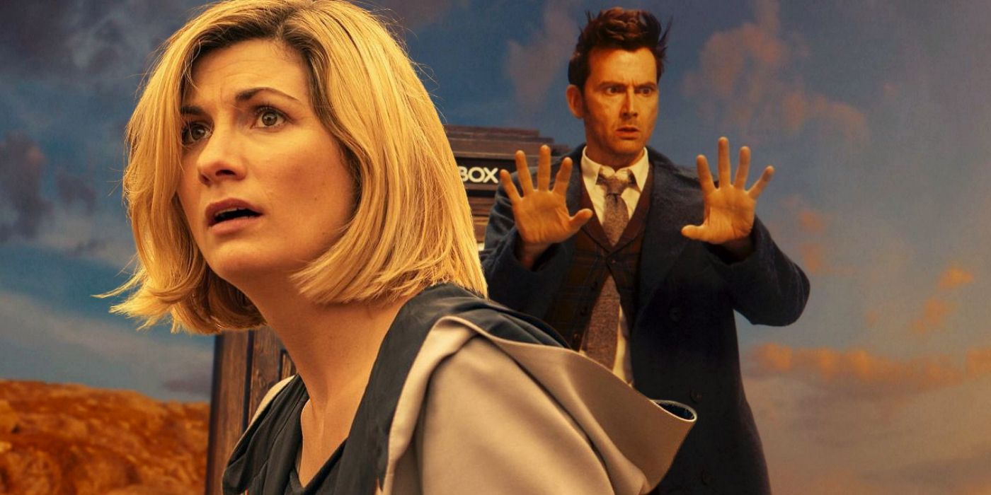 Blended image of Fourteenth Doctor looking at his hands and the Thirteen Doctor looking shocked