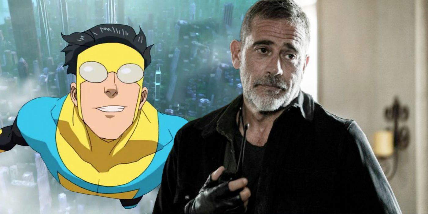 Blended image of Invincible flying and Jeffrey Dean Morgan looking to his side in Dead City promo