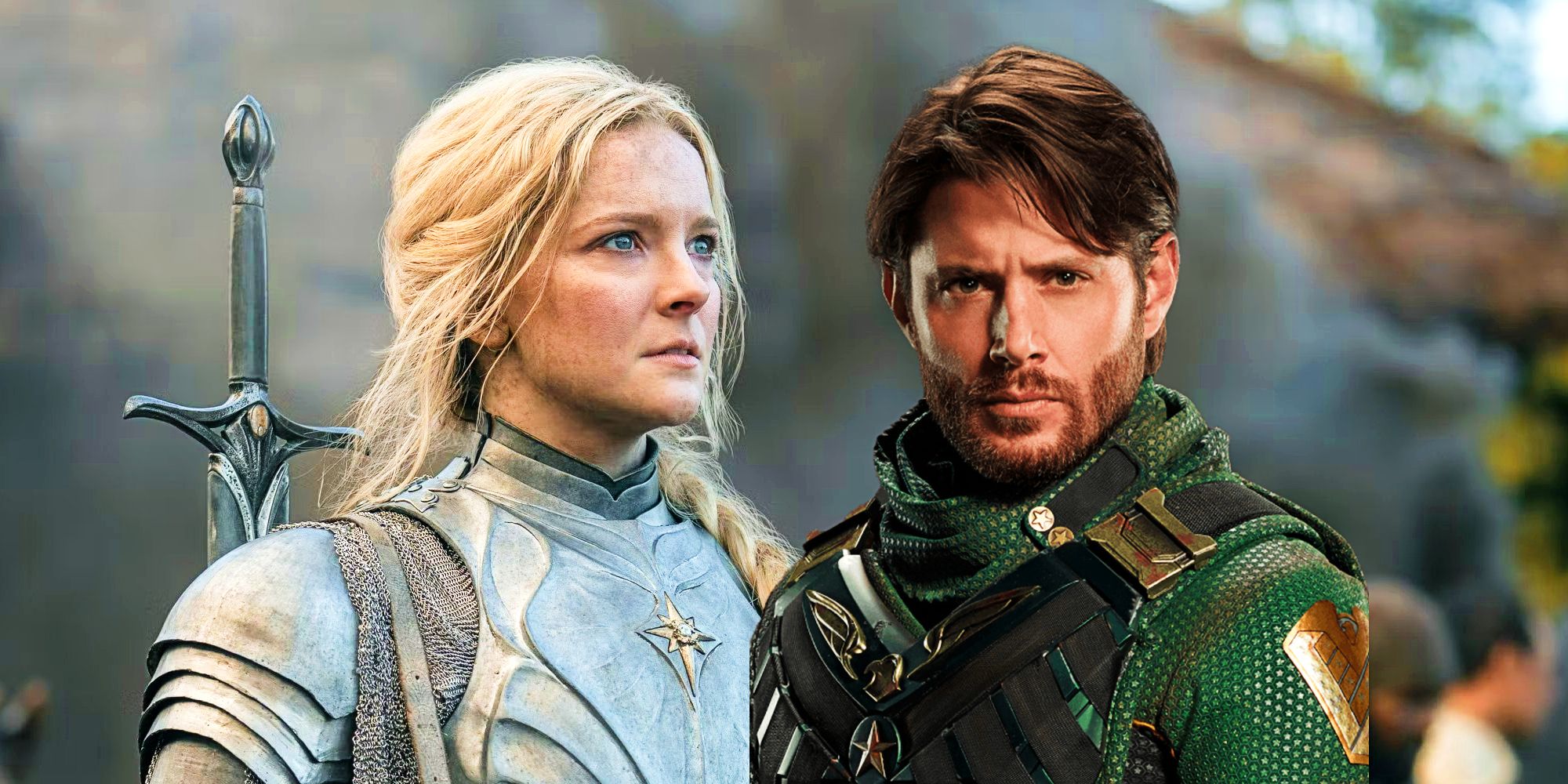 Blended image of Jensen Ackles as Soldier Boy in The Boys and Morfydd Clark as Galadriel in The Rings of Power