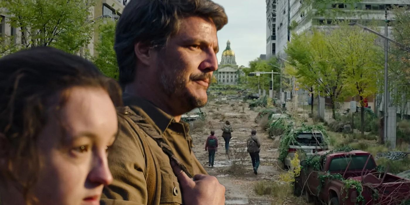 Blended image of joel with Ellie and Joel and Ellie walking among the ruined city in The Last of Us