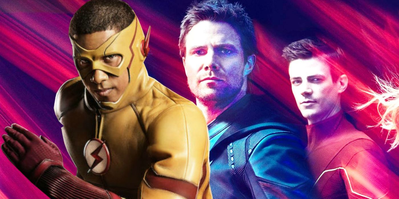 Image mélangée de Kid Flash courant avec un costume Green Arrow et Flash de Barry Allen