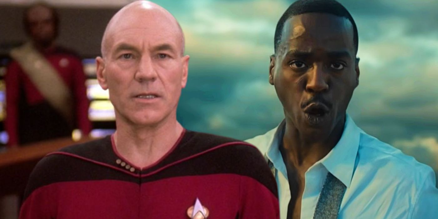 Blended image of Picard in Star Trek looking stunned and a confused Fifteenth Doctor in Doctor Who