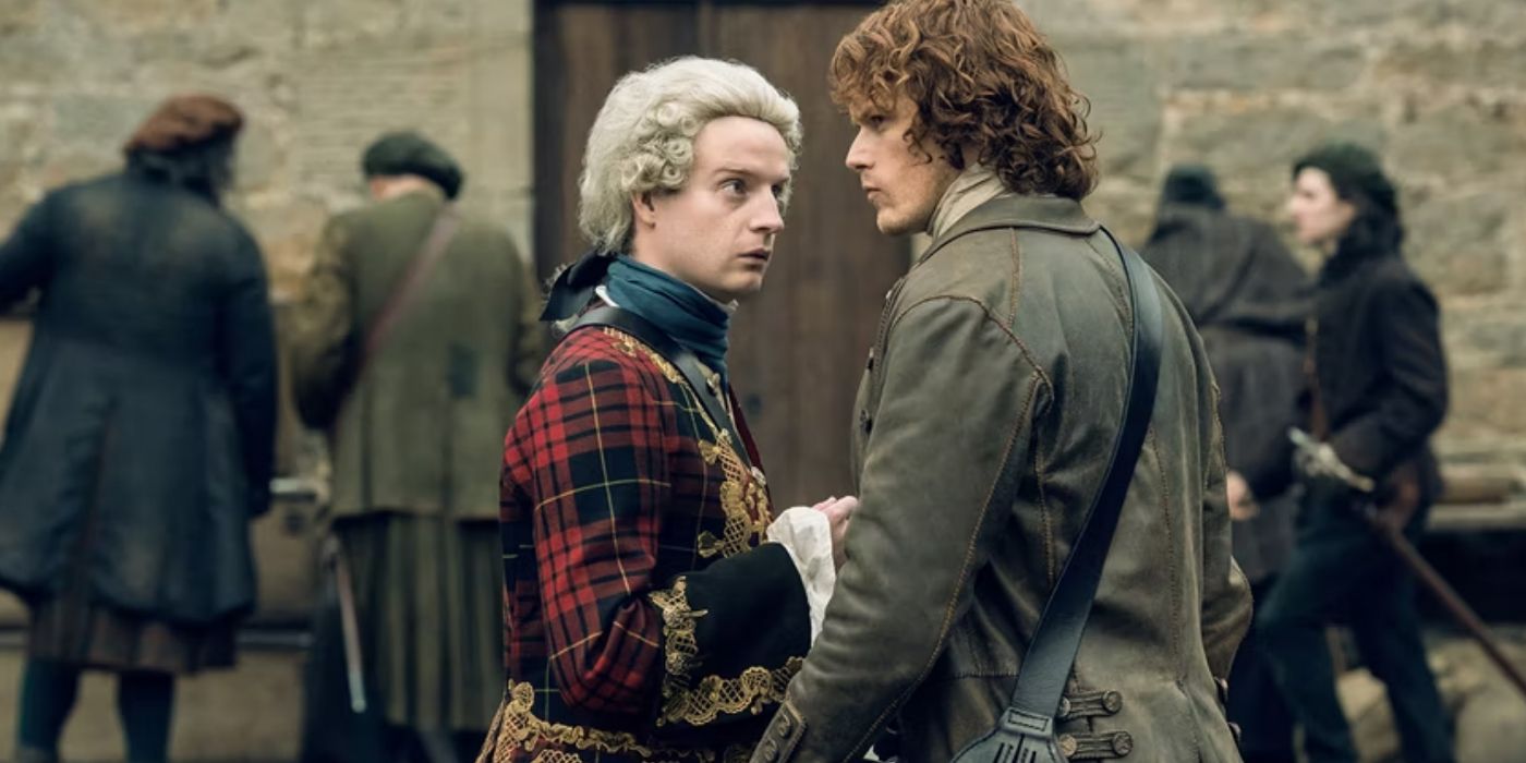 Bonnie Prince  shaking Jamie's hand in Outlander.