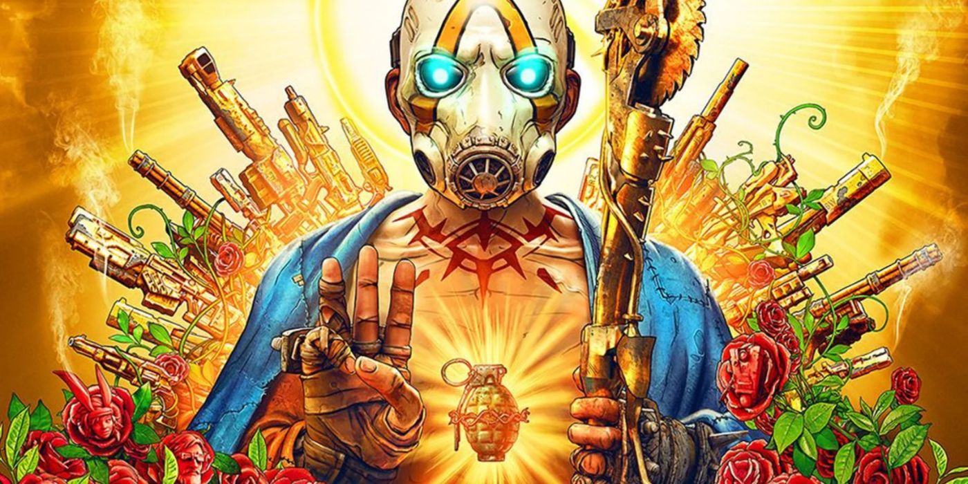 Borderlands 3 promo art featuring a Psycho striking a messiah pose with an arsenal of weapons.