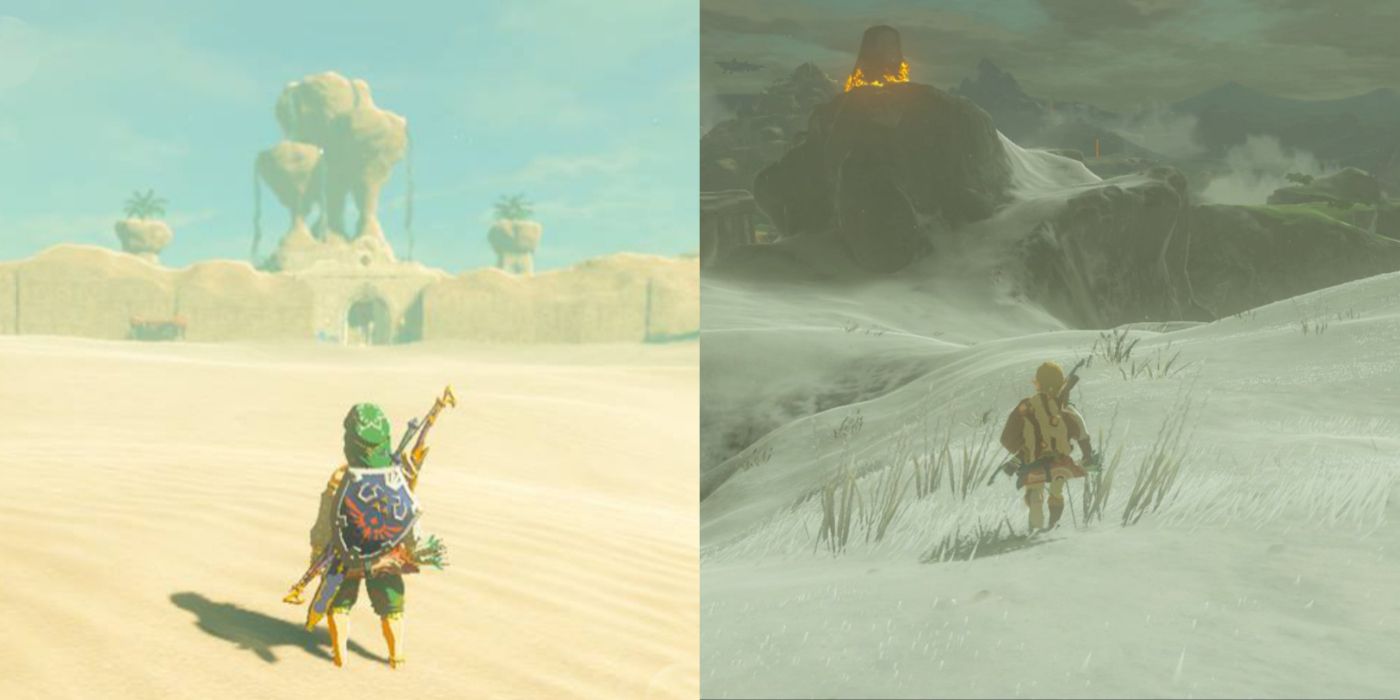 Split image of Link in the Gerudo Desert and the snowy tundras of BotW.