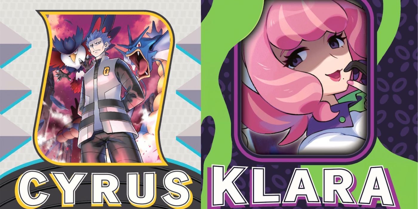 Box covers for the new Pokemon Tournament Collection, showing close-ups of Cyrus and Klara above their names.