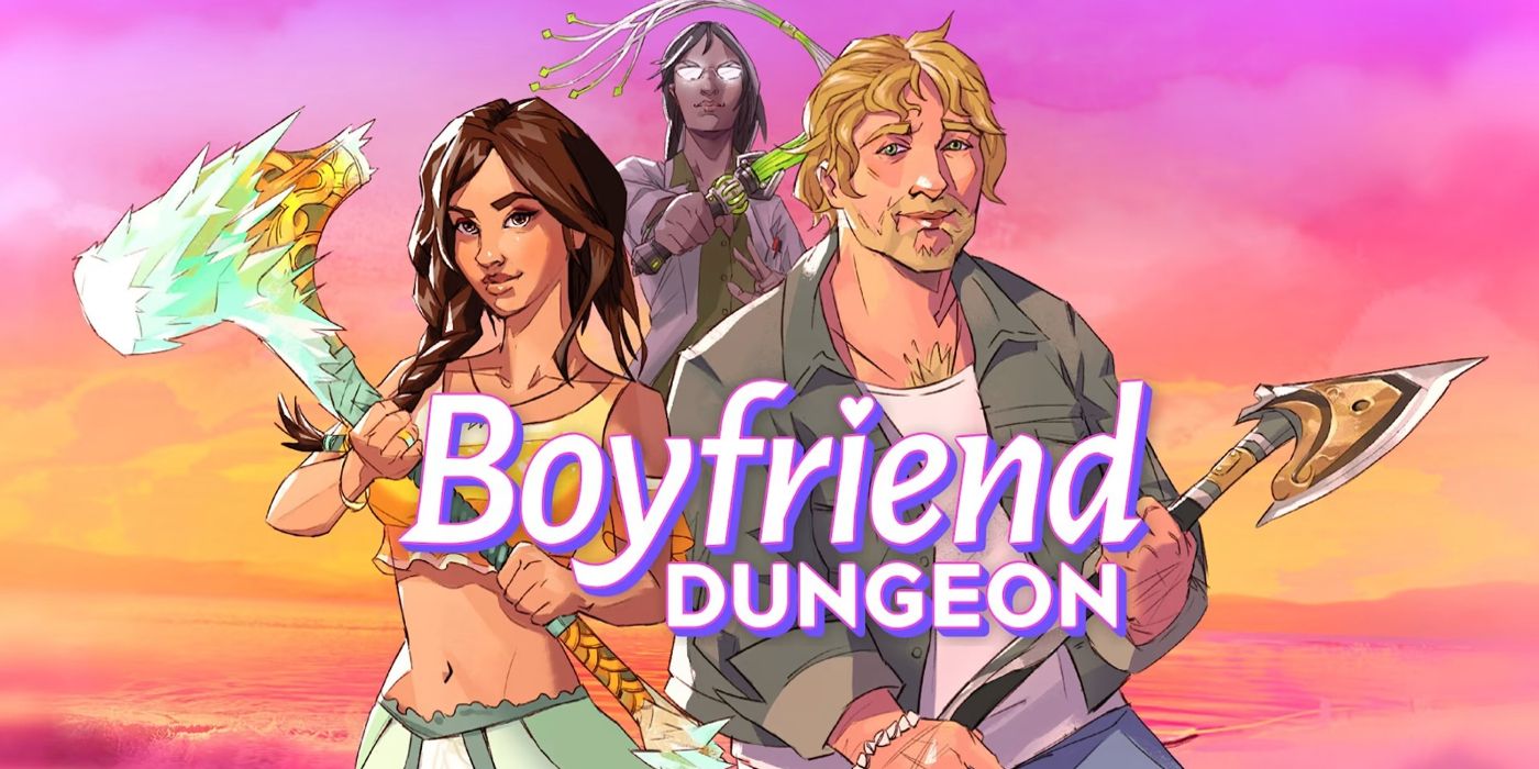 Some of the Boyfriend Dungeon romance options sets against a sunset-like sky background.