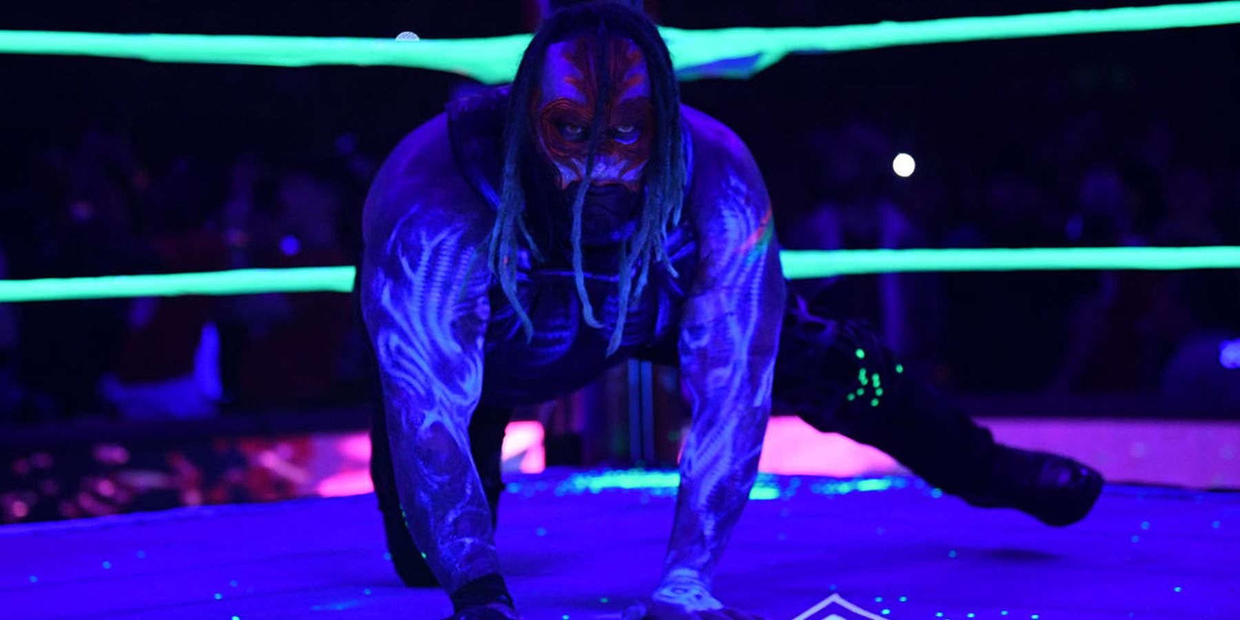 Bray Wyatt shows off a second coat of face pain during his Pitch Black match against LA Knight at the Royal Rumble in 2023.