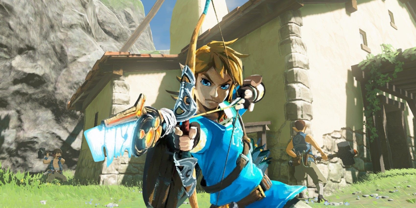 Link aiming bow at camera in front of his renovated house from The legend of Zelda: Breath of the Wild