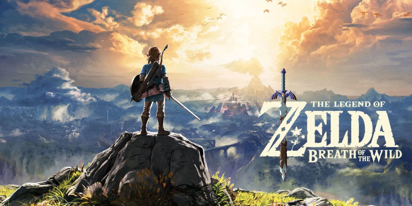 The Legend of Zelda: Breath of the Wild arte chave com Link com vista para a terra de Hyrule.