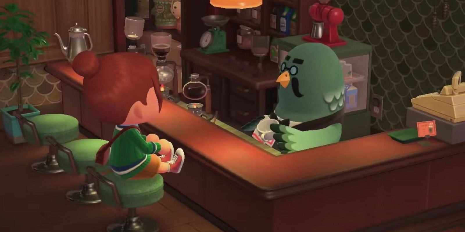 O jogador toma uma xícara de café no Brewster Café em Animal Crossing New Horizons