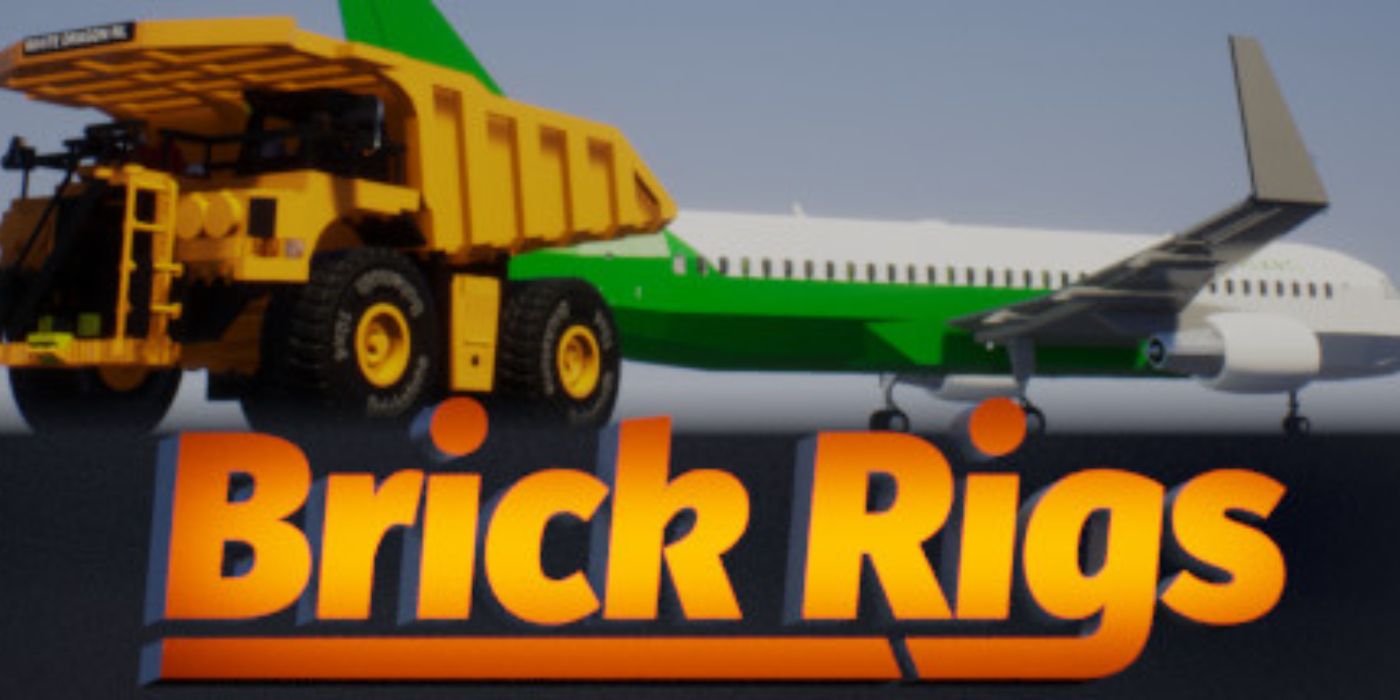 A arte da capa de Brick Rigs, com um caminhão basculante e um avião por trás do título do jogo.
