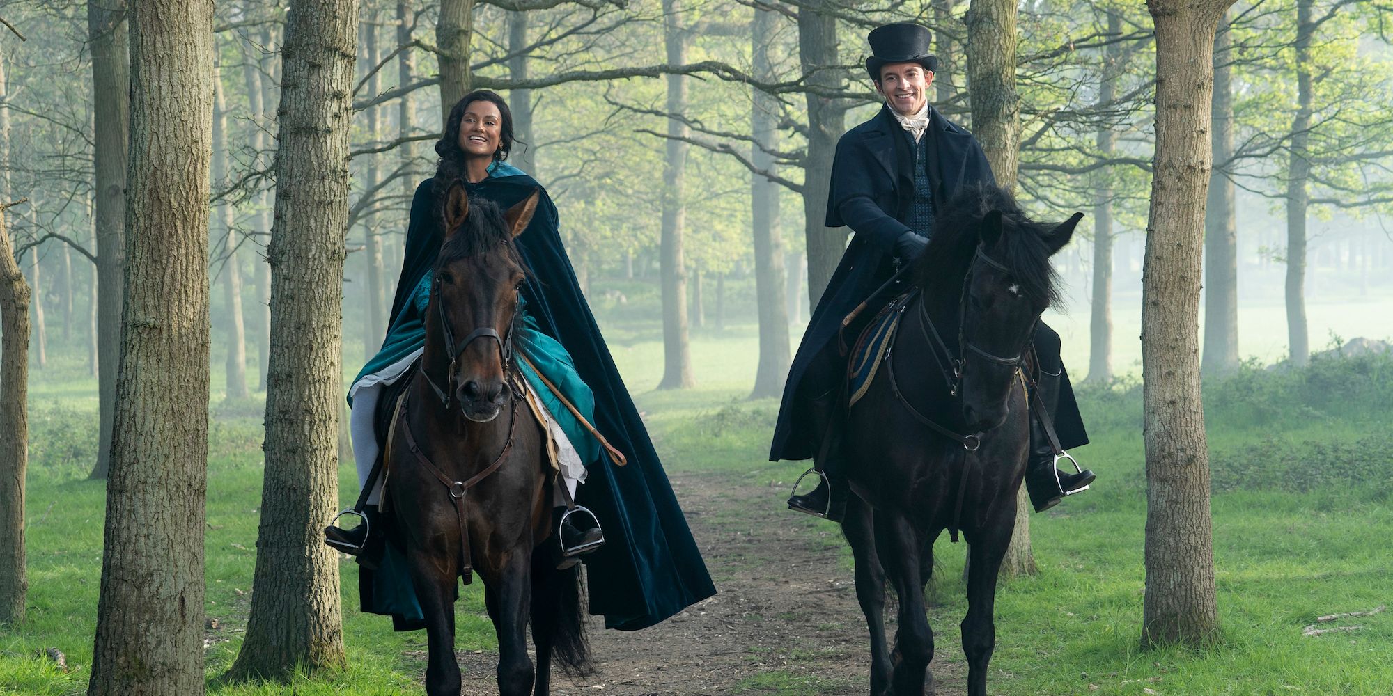 Kate and Anthony riding horses in Bridgerton season 2