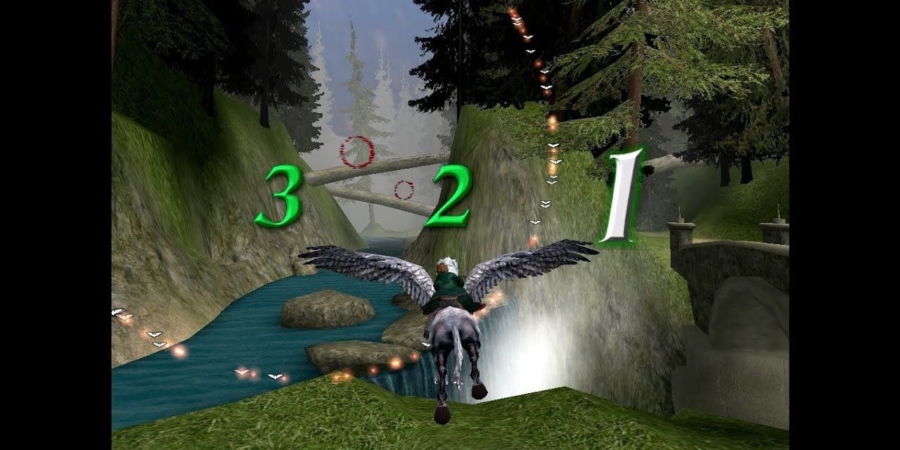 Harry Potter Prisoner of Azkaban PS2 Jogo buckbeak hipogrifo voando minijogo com personagem montando um hipogrifo e voando através de anéis