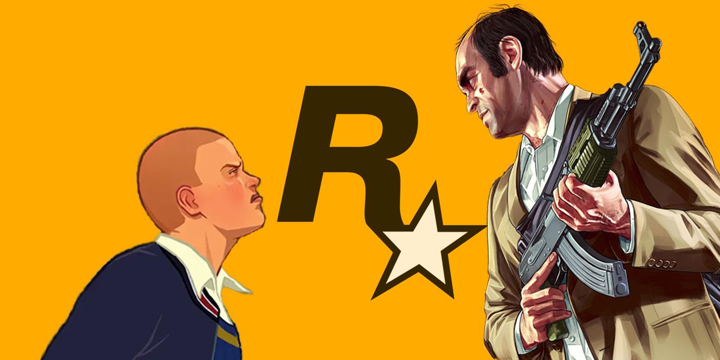 Jimmy Hopkins de Bully affronte Trevor Philips de GTA 5 devant le logo Rockstar.