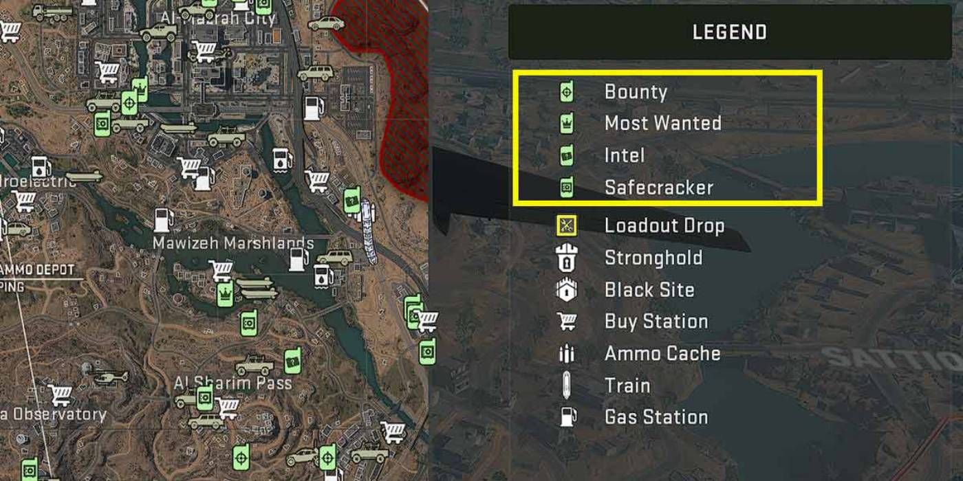 Légende du menu des contrats Call of Duty Warzone 2 avec les icônes Bounty, Most Wanted, Intel et Safecracker mises en évidence