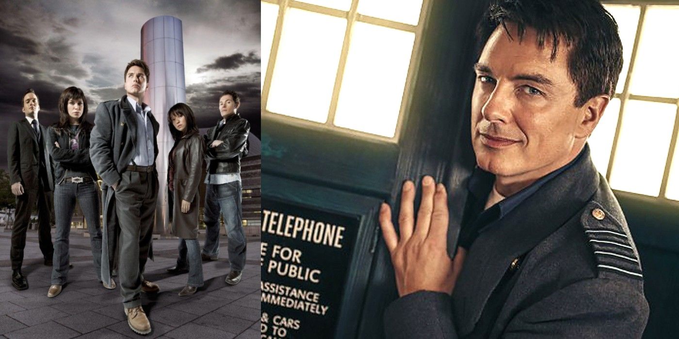 Split image of the cast of Torchwood and John Barrowman as Captain Jack with the TARDIS