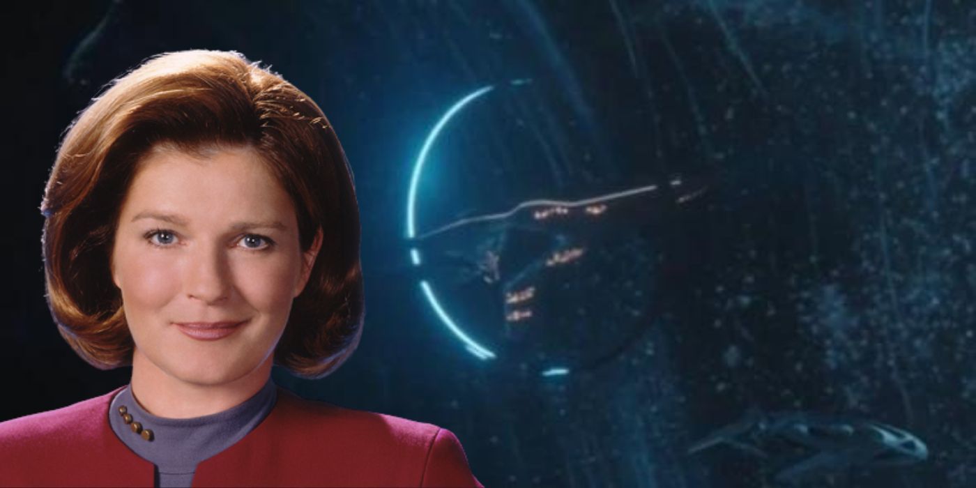 Captain Janeway smiling and the USS Janeway flying in the background 