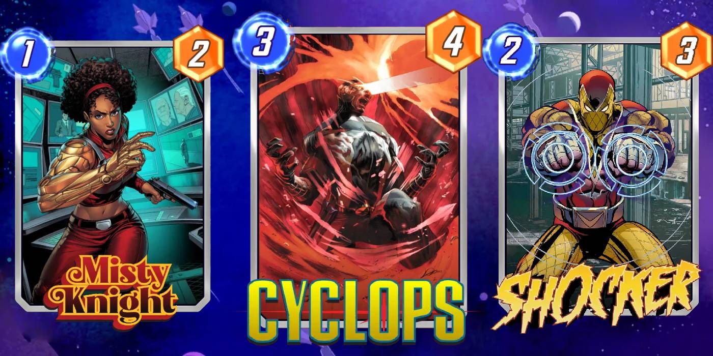 Cartas Marvel Snap Cyclops, Misty Knight e Shocker com variante Cyclops e valores de energia + poder exibidos no fundo do espaço