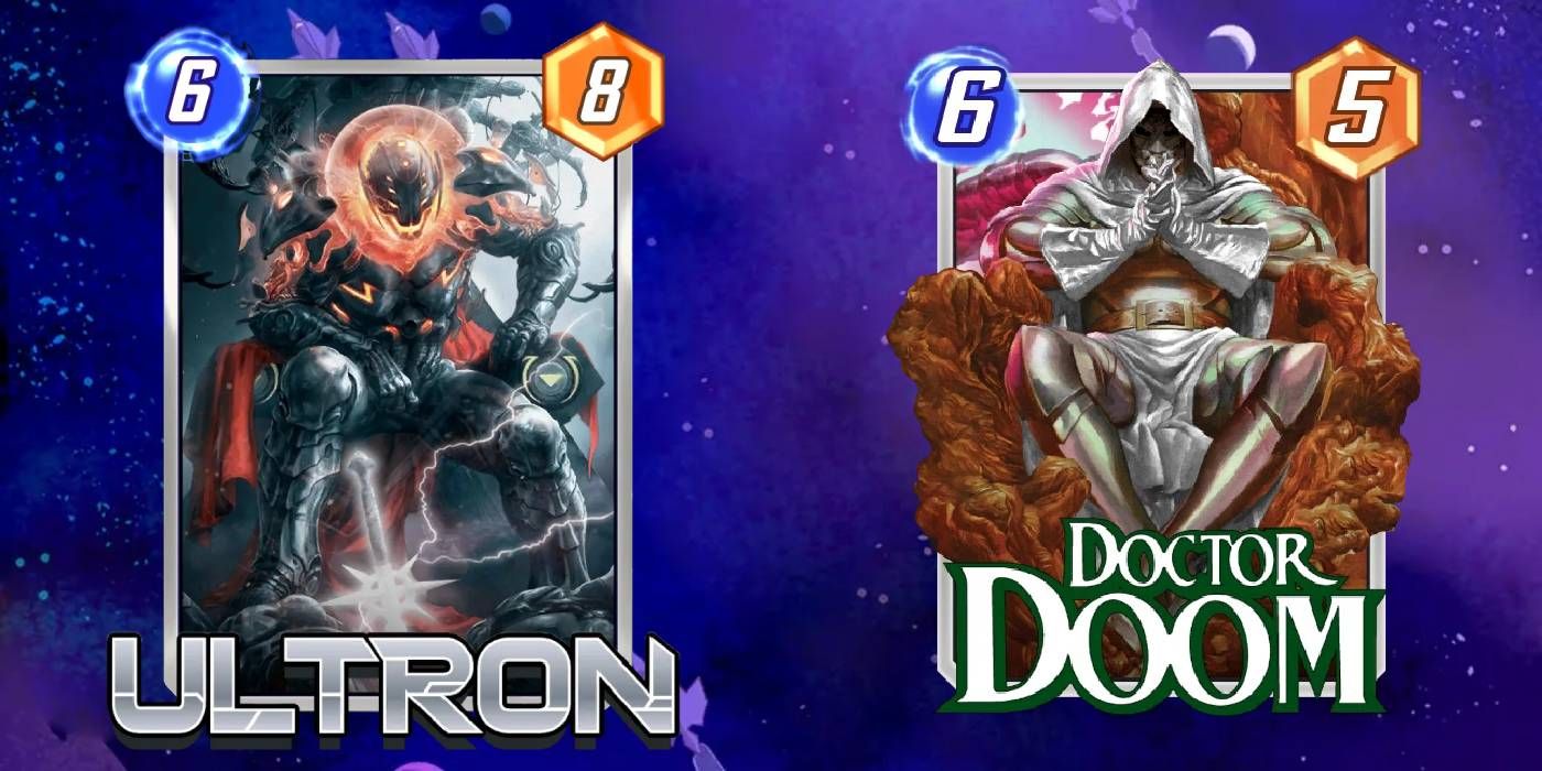 Marvel Snap Ultron e Doctor Doom Card Variantes com valores de energia e poder exibidos